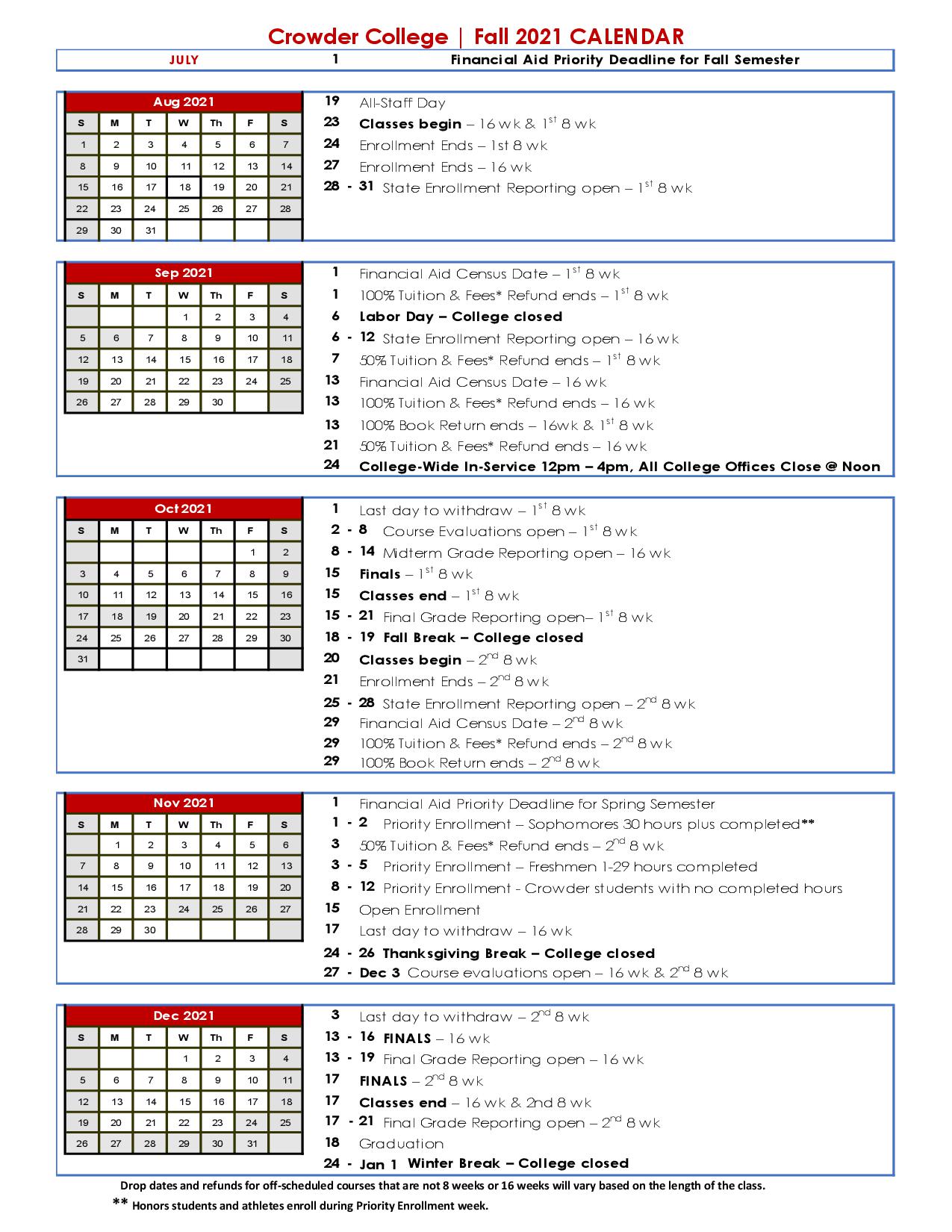 2021 Fall Semester School Calendar Crowder College