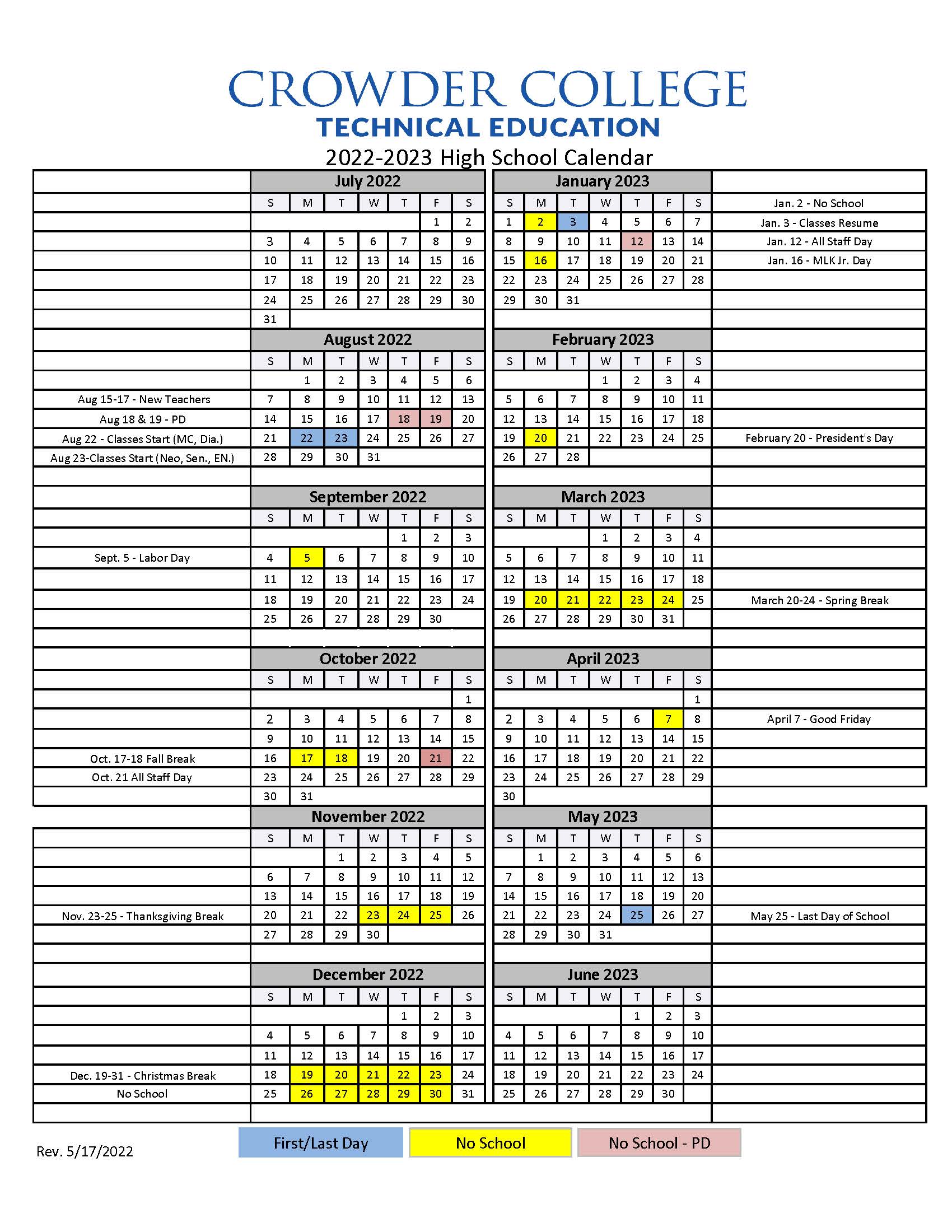 Crowder College CTEC Calendar