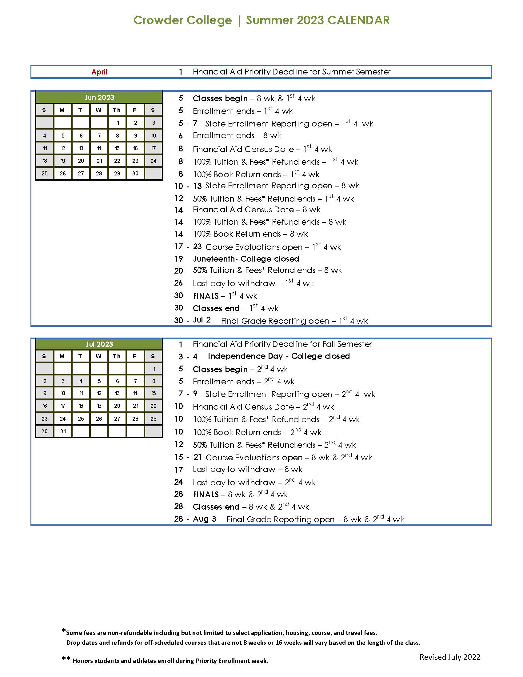 Crowder College 2023 Summer Academic Calendar