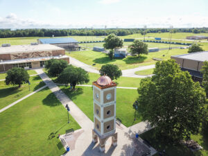Aerial view of Crowder College campus and belltower