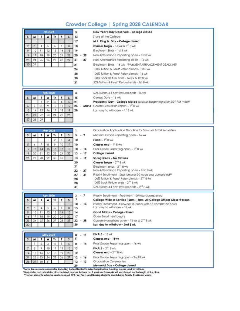 Spring 2028 Academic Calendar - Crowder College