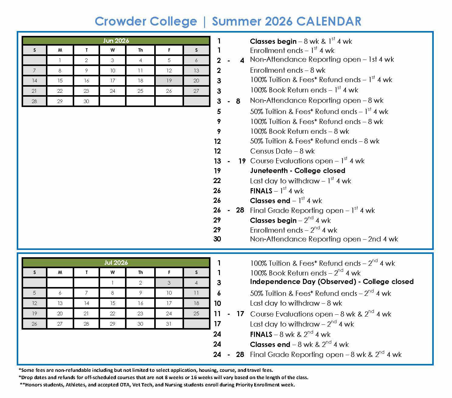 Summer 2026 Academic Calendar Academic Calendar Crowder College Summer 2026 